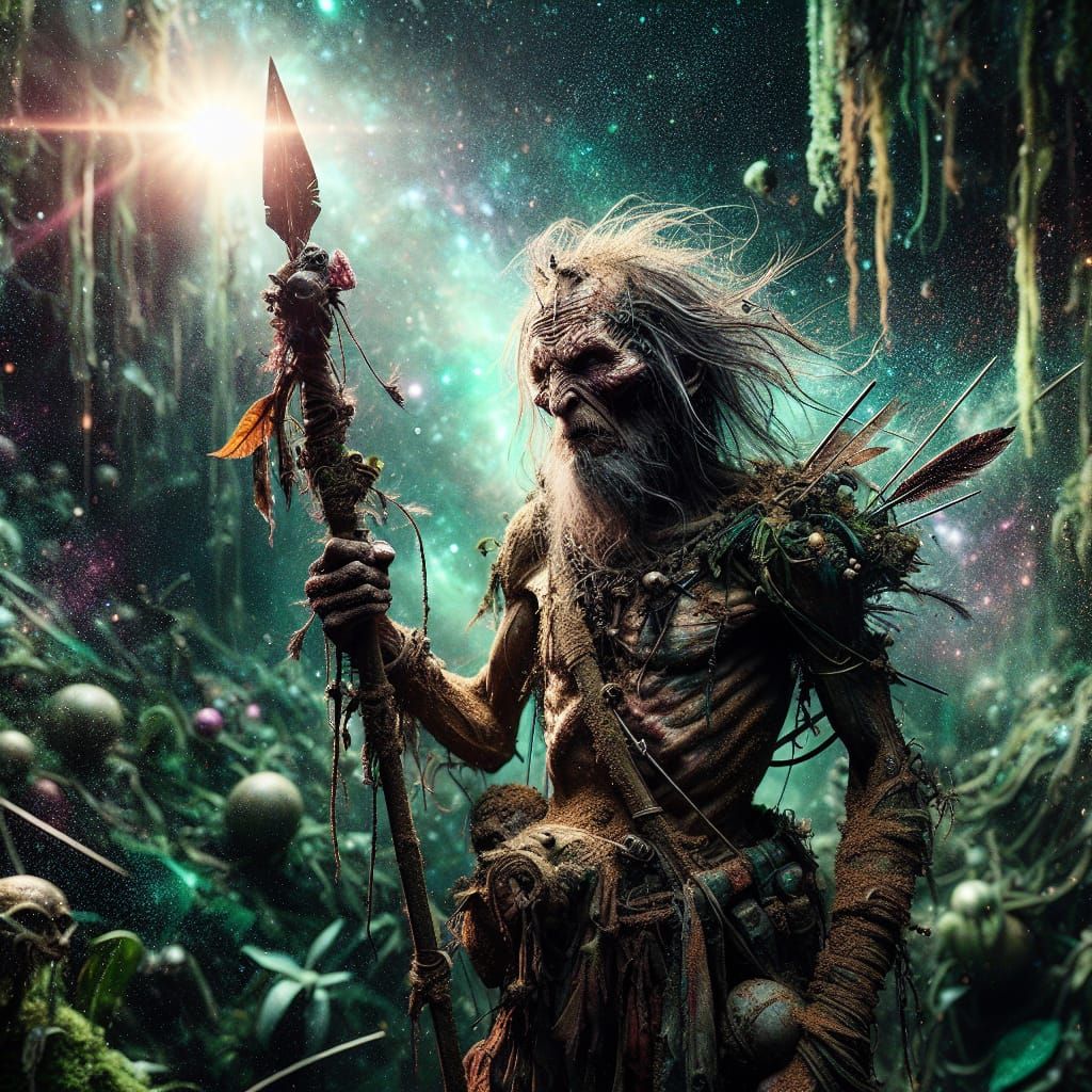 Tribal Warrior in Jungle, Hyperrealistic Analog Photograph