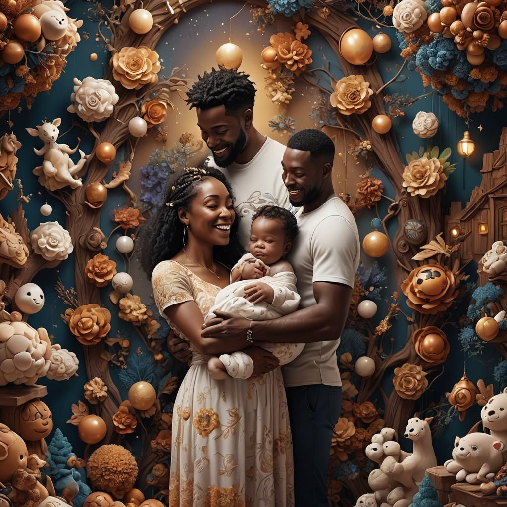 Couple Embracing Newborn Baby: Detailed Matte Painting