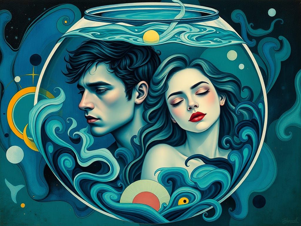 Vibrant Dreamlike Aquatic Scene with Distorted Figures