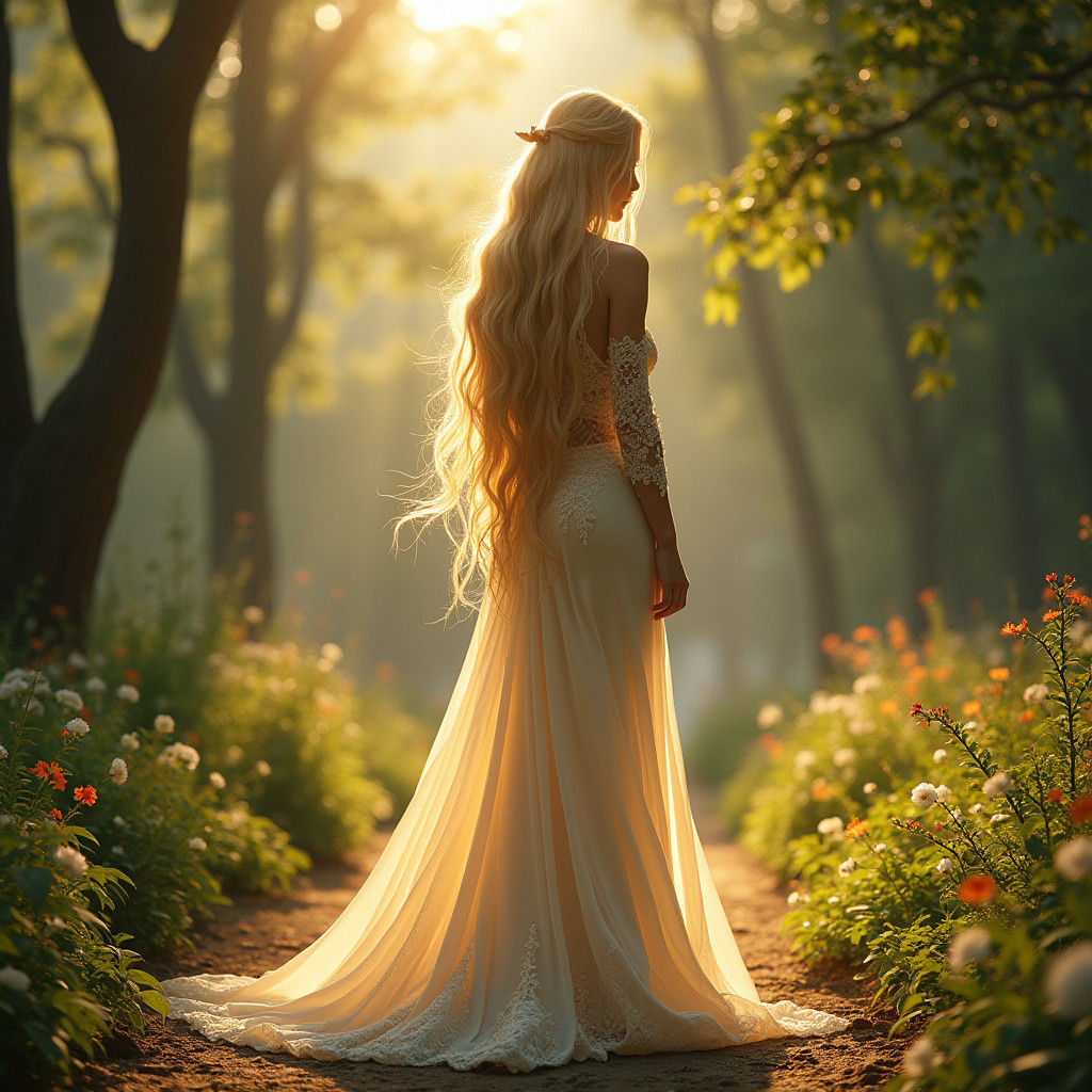 Woman in Evening Gown in Park, Fantasy Concept Art