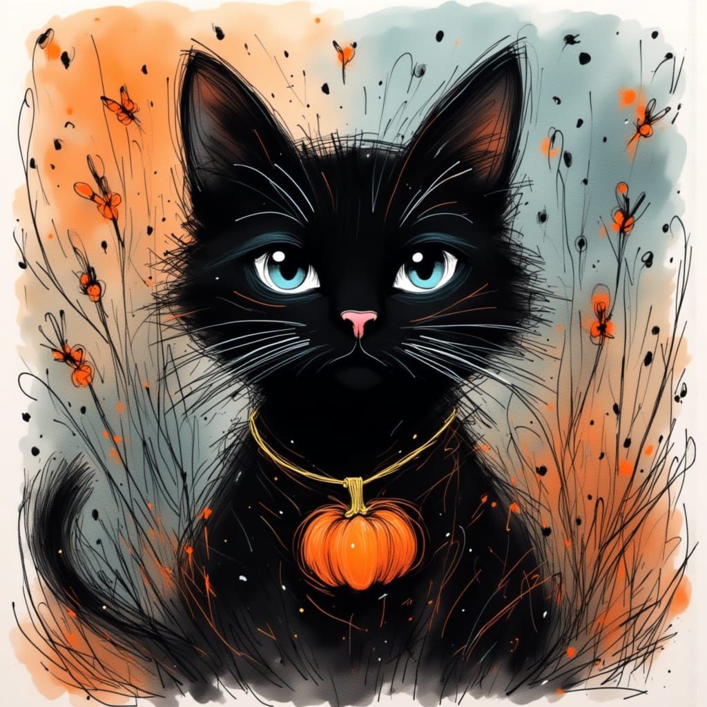 Black Cat with Gold Necklace in Cartoony Style