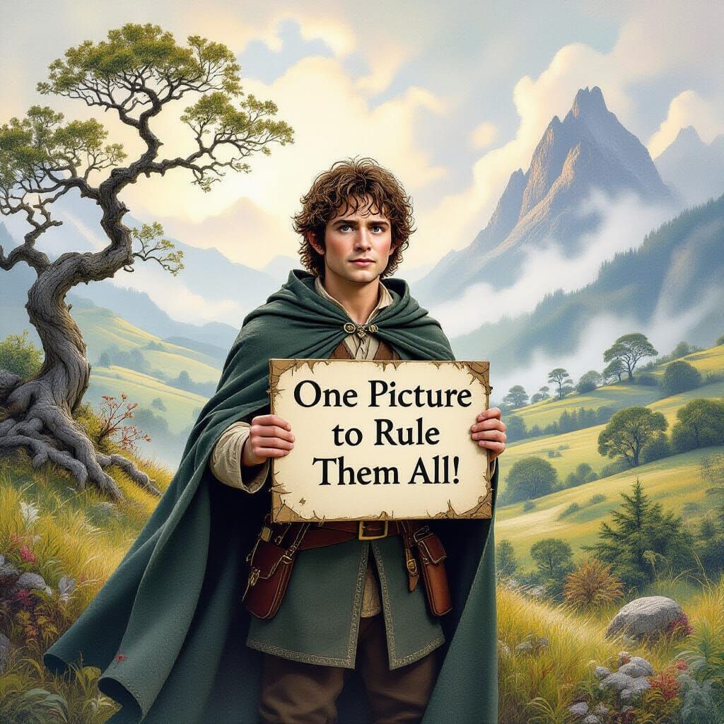 Frodo in Fantasy Landscape with Sign