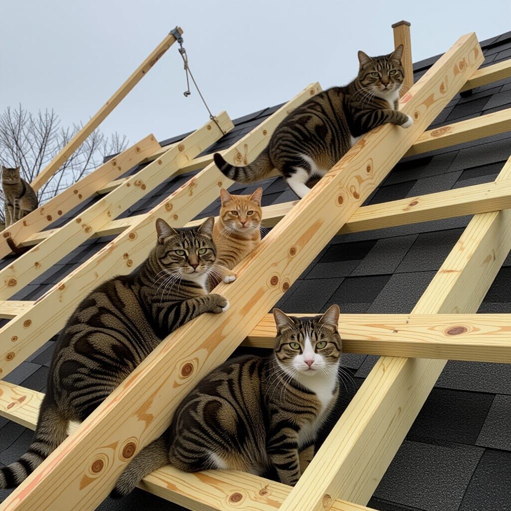 Cats Building Roofs: Whimsical Construction Scene