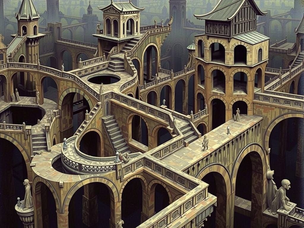 Surreal Pagoda Landscape in Dark, Intricate Style