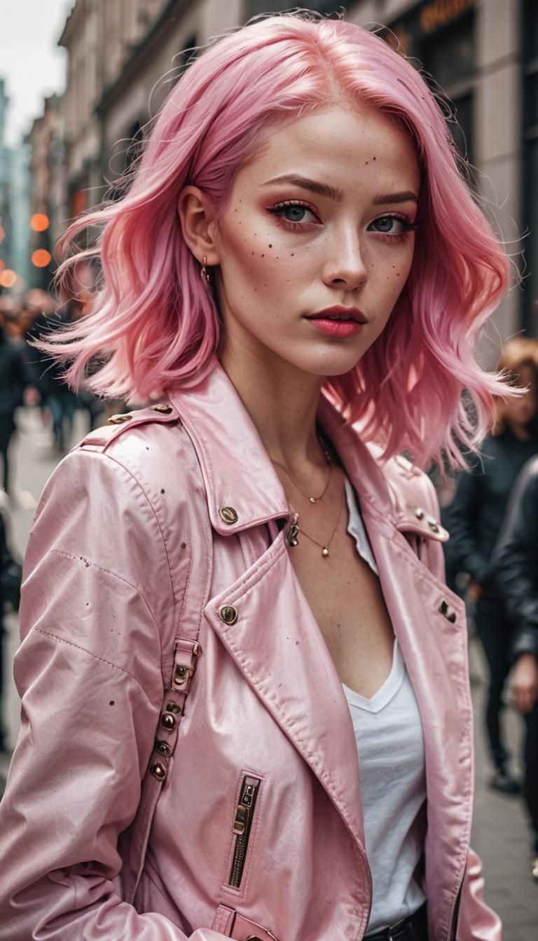 Stylish Pink-Haired Woman in Street Scene