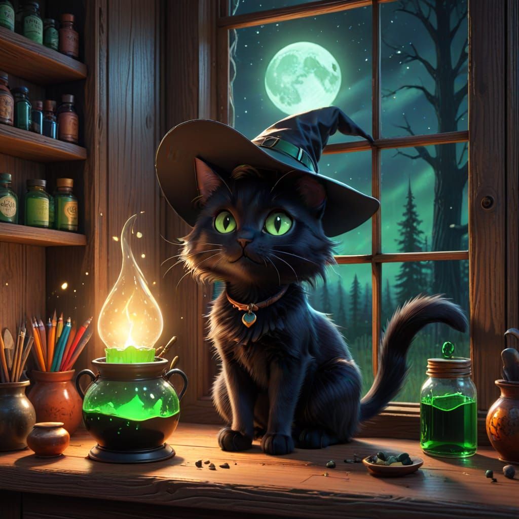 Cute Cartoon Witch Brewing Potion in Disney Pixar Style