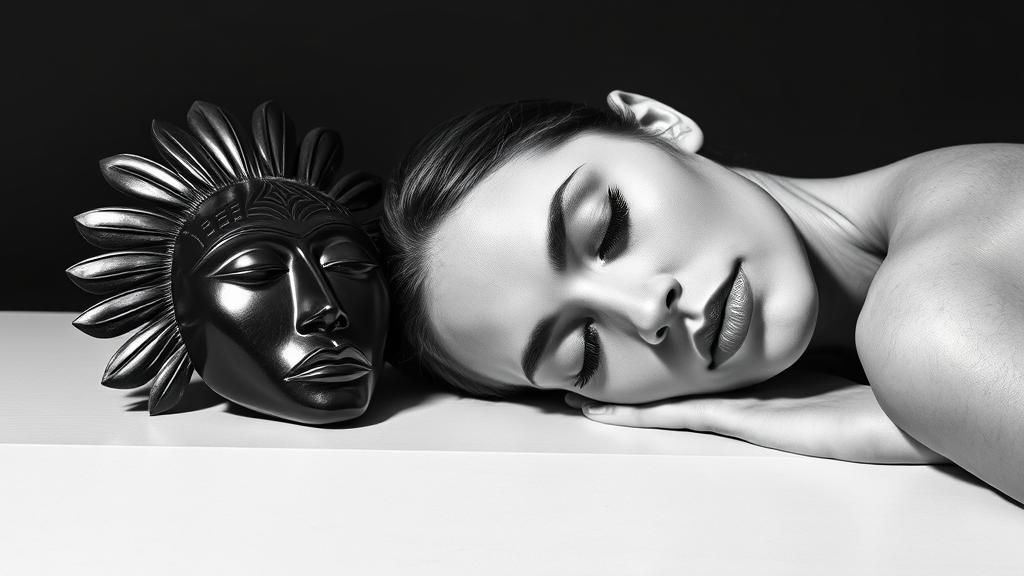 Surrealist Photo of Woman with Tribal Mask