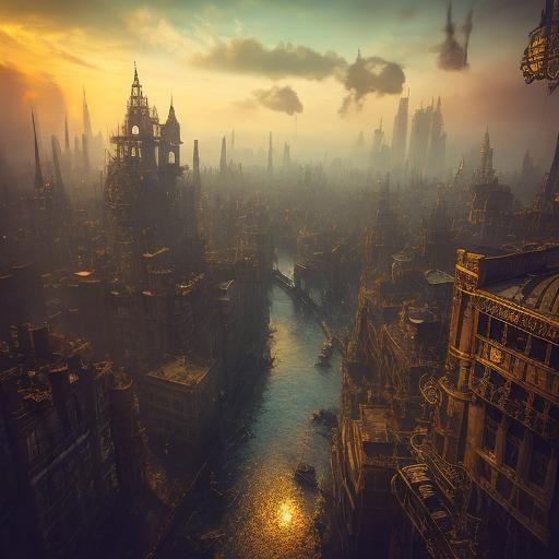 Steampunk Cityscape Aerial View in 8K