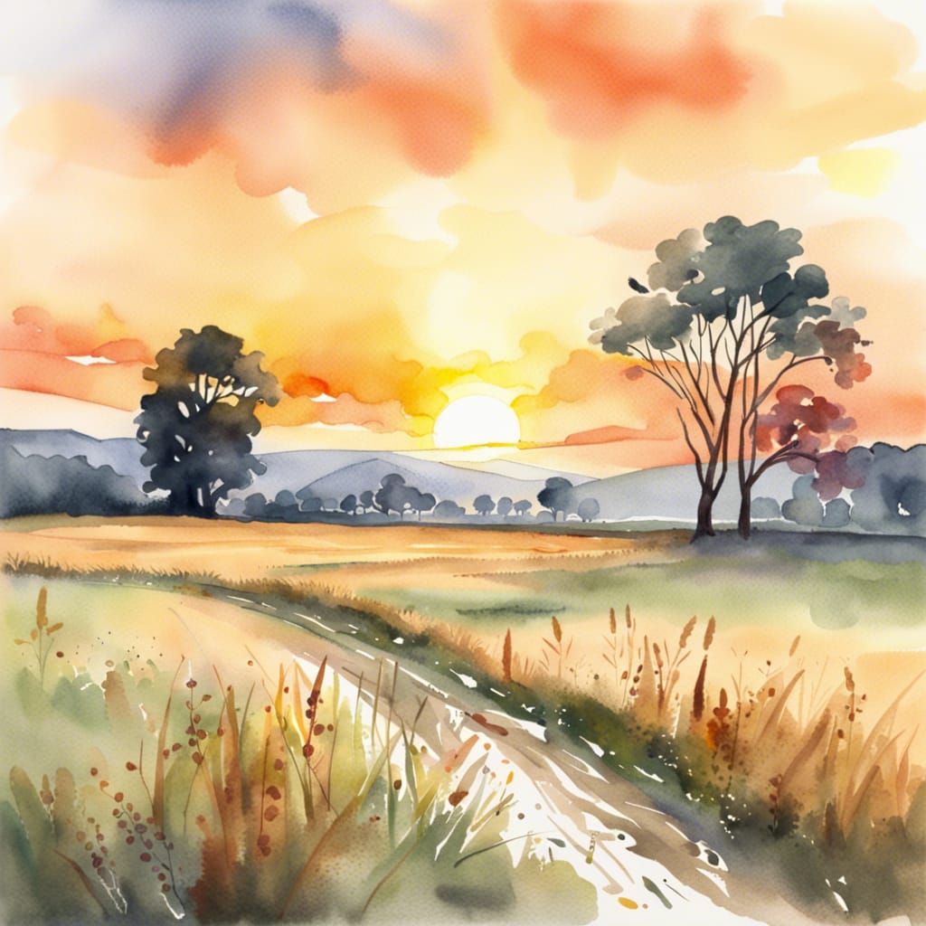 Watercolor Sunrise Over a Golden Field