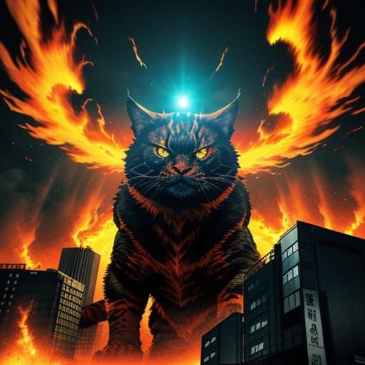Giant Calico Cat Destroys Tokyo in Kaiju Art