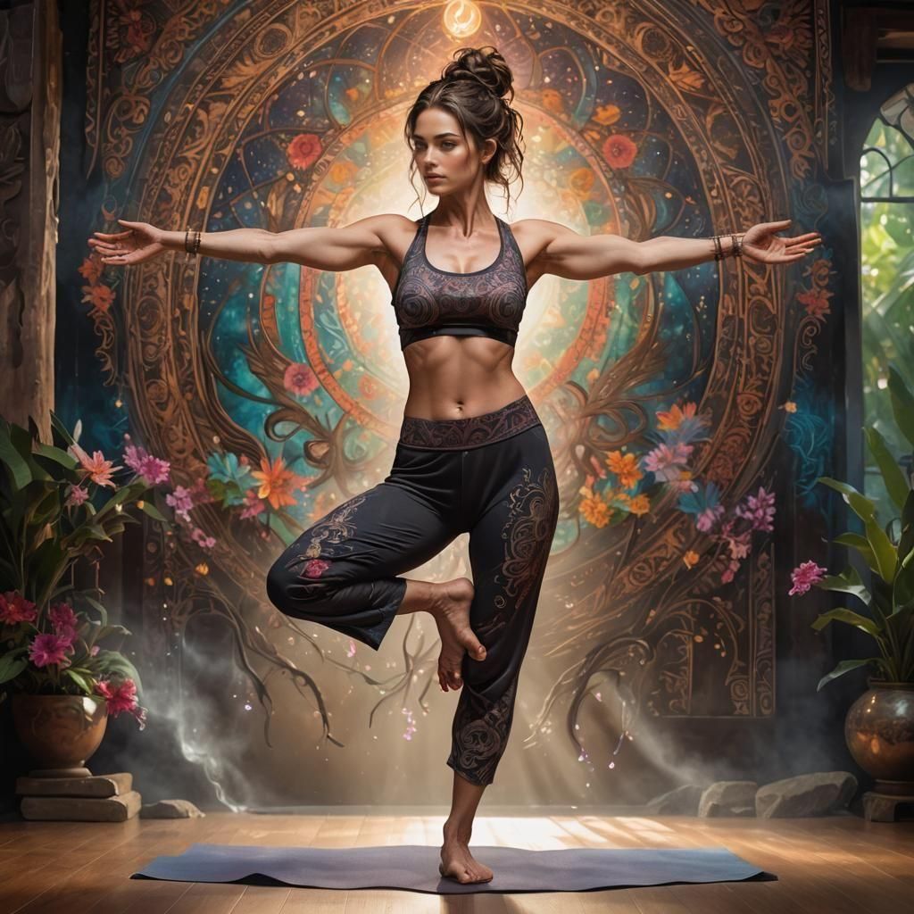 Yoga Teacher in Lush Temple with Ethereal Lighting