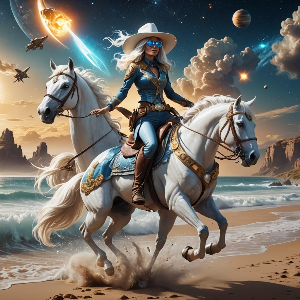 Cowgirl Rides Horse with Spacecar and Spaceship