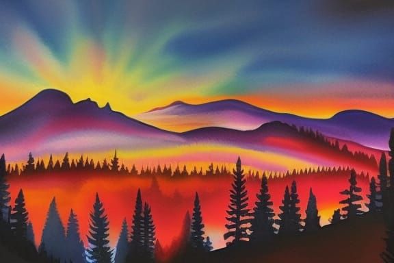 Warm Sunrise over Mountain in Watercolor Style