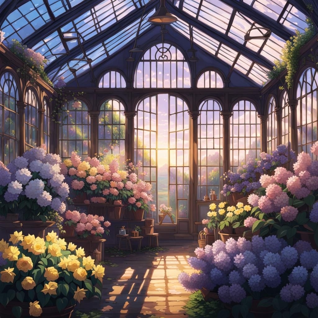 Enchanted Greenhouse in Studio Ghibli Anime Style