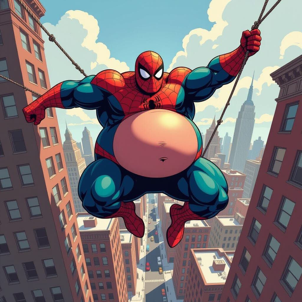 Fat Spider-Man Swings Through Comic Cityscape