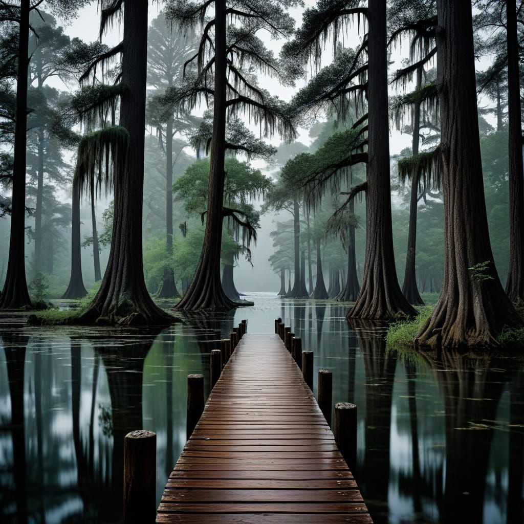 Cypress Trees on Caddo Lake's Misty Waters in Serene Beauty