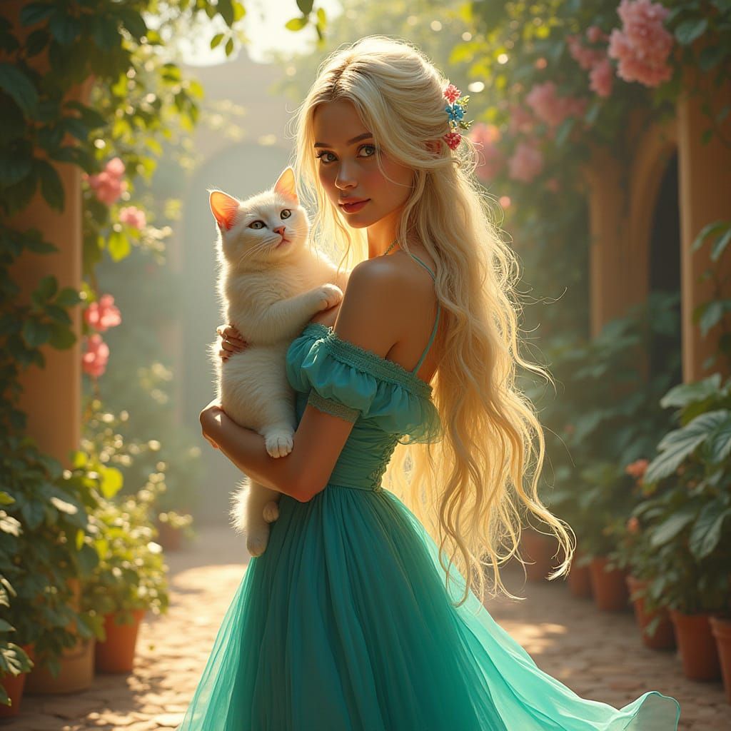 Princess with Cat in Oriental Garden Art