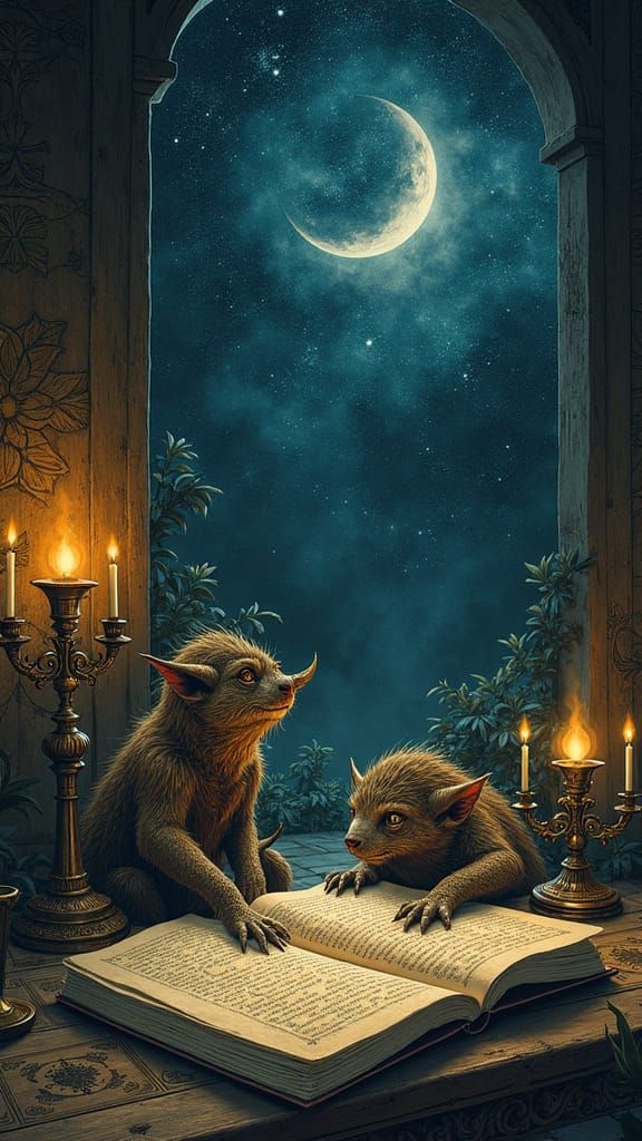 Mystical Gathering Under Starry Skies, Surreal Illustration