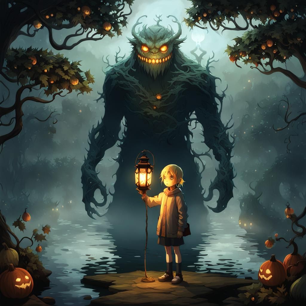 Child Wards Shadow Monster with Lantern: Anime-Inspired 3D A...