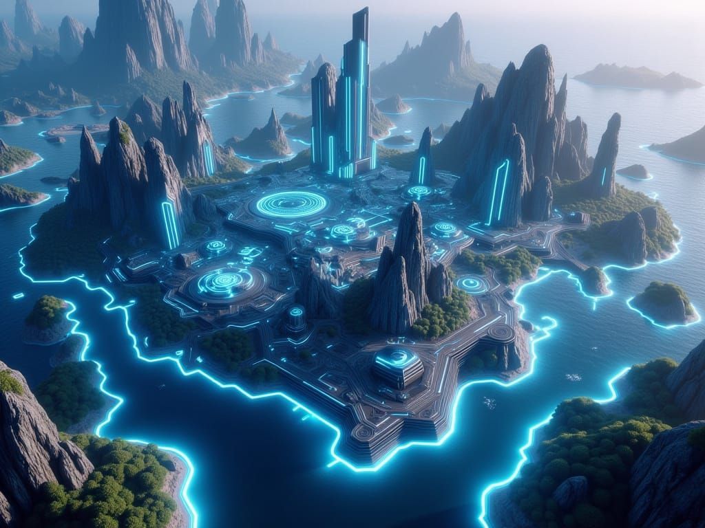 Aerial view of TRON inspired Neverland Island. 8K resolution...