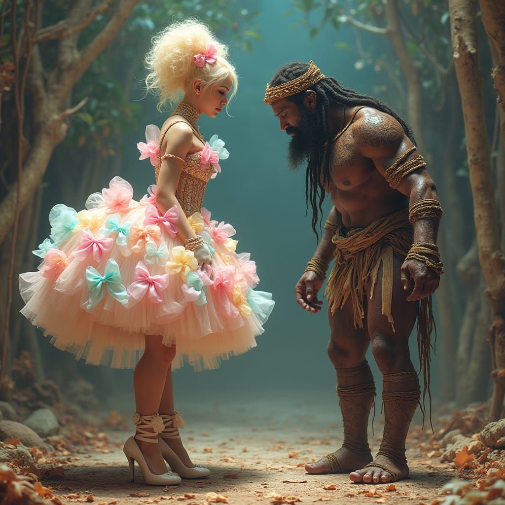 Feminine Goddess Meets Tribal King in Whimsical Hyperrealism