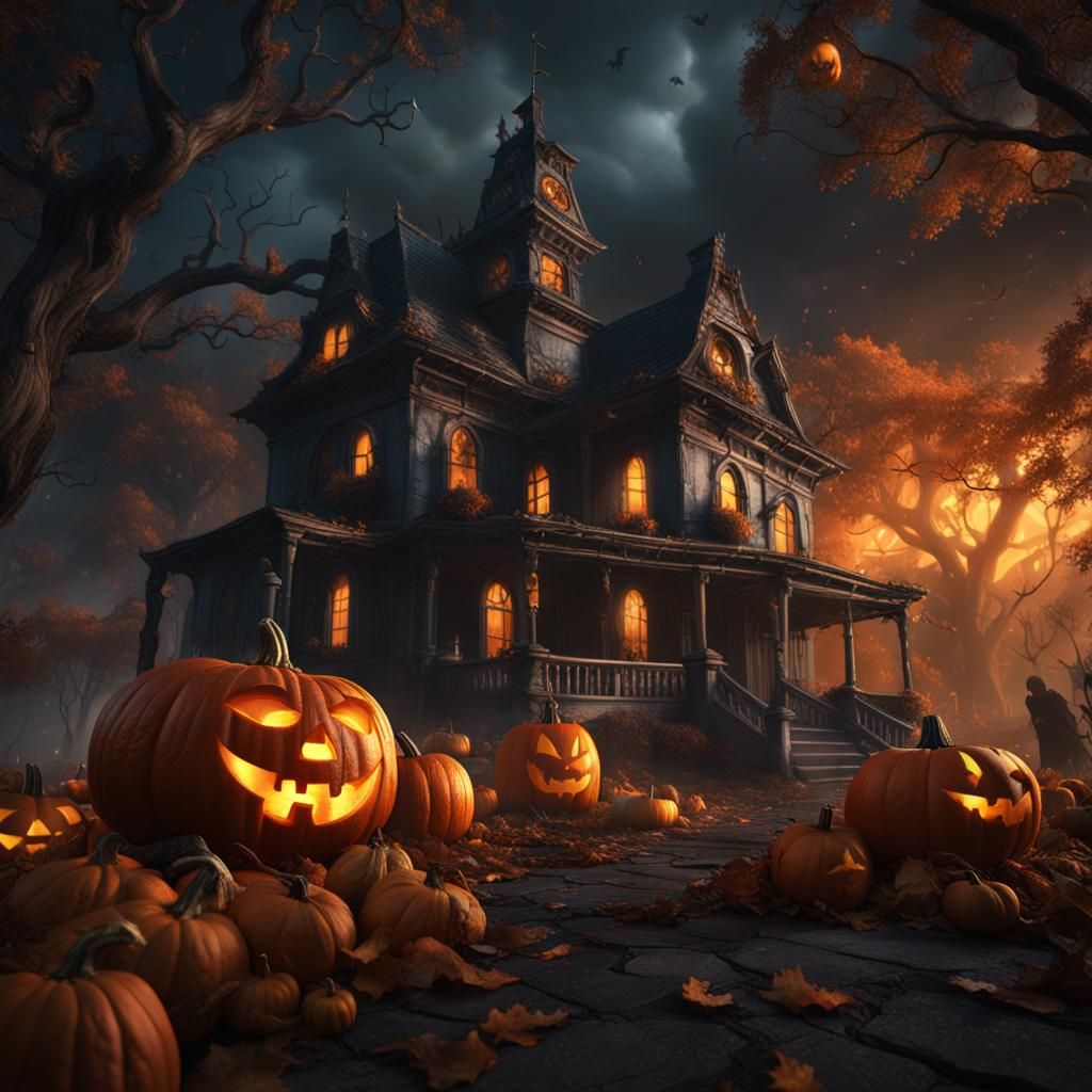 Haunted House with Ghosts and Pumpkins: Matte Painting