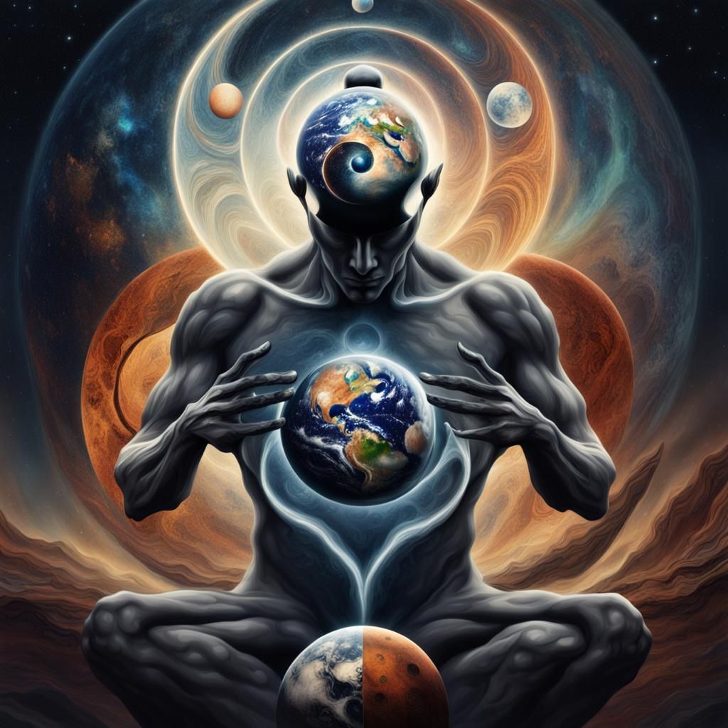 Thoughtful God Balances Life in Surreal Abstract