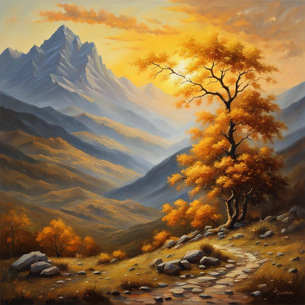 Romantic Mountain Sunset Landscape Painting