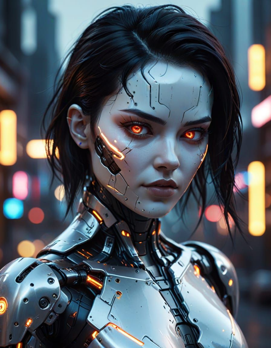 Cyberpunk Android with Neon Cityscape Background