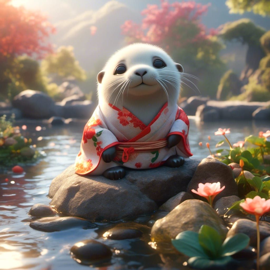 Cartoon Sea Lion in Kimono in Japanese Garden