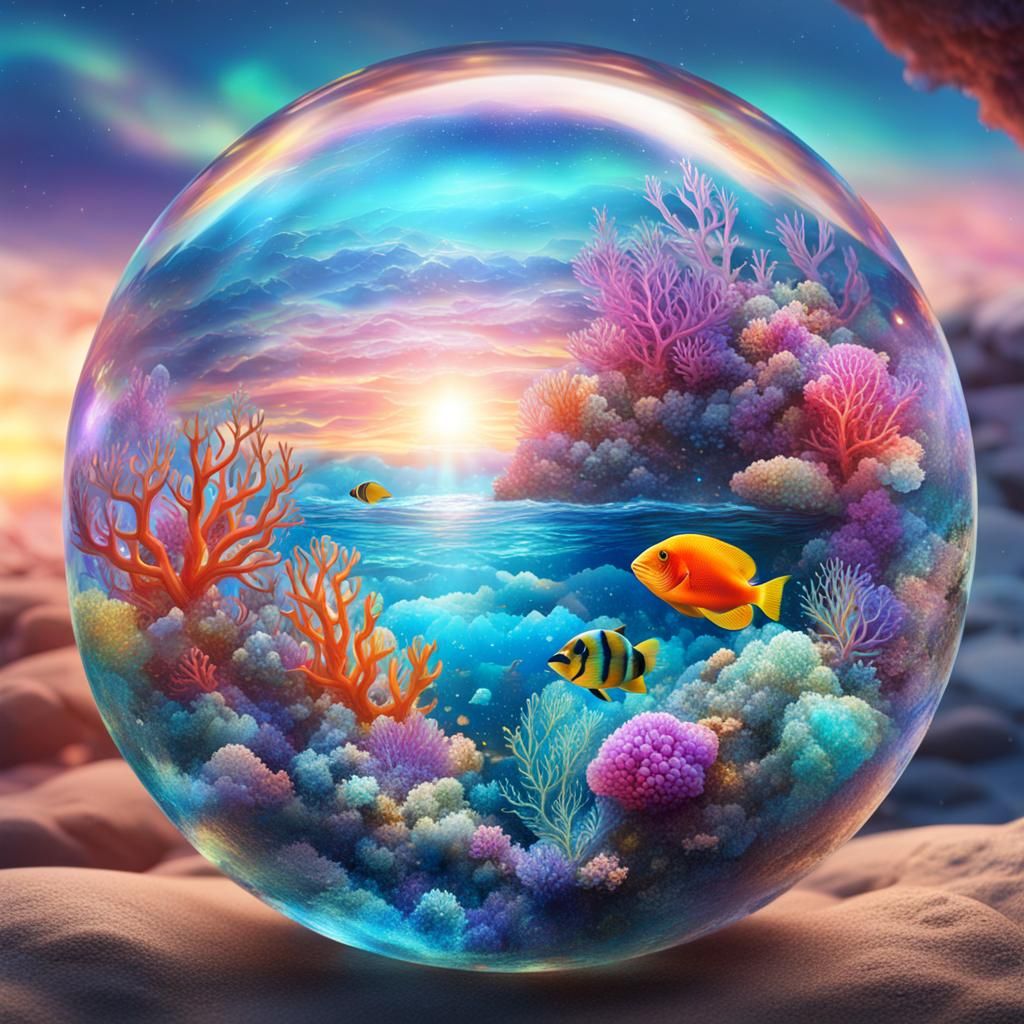 Ocean Coral Reef in Crystal Ball, Astral Illustration