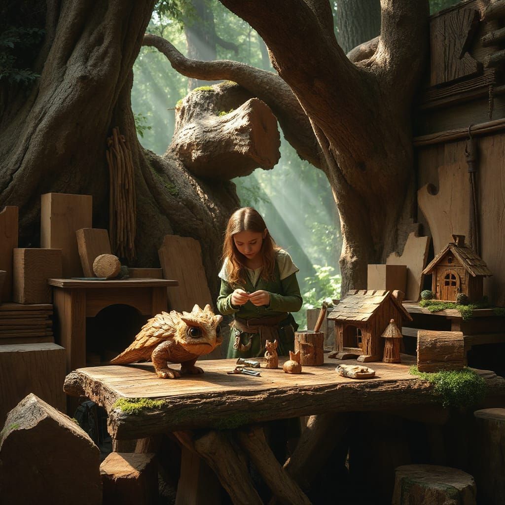 Elven Woodworker in Mystical Forest Workshop: Fantasy Realis...