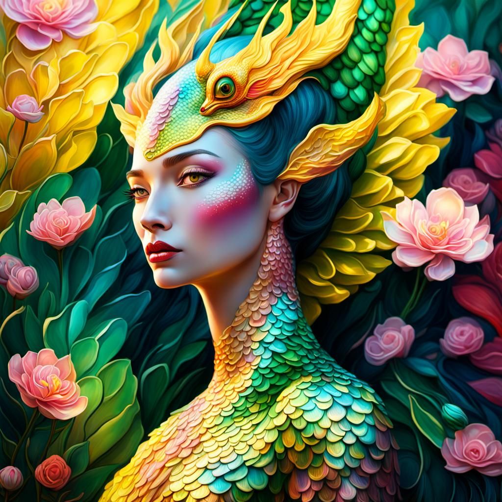 Dragon Peacock Woman in Surreal 3D Art Style