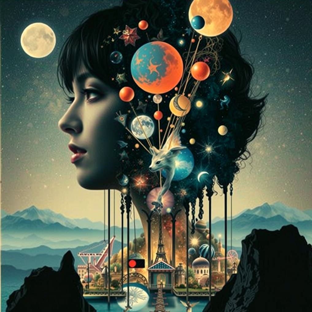 Dreamlike Portrait of a Woman in a Celestial Landscape