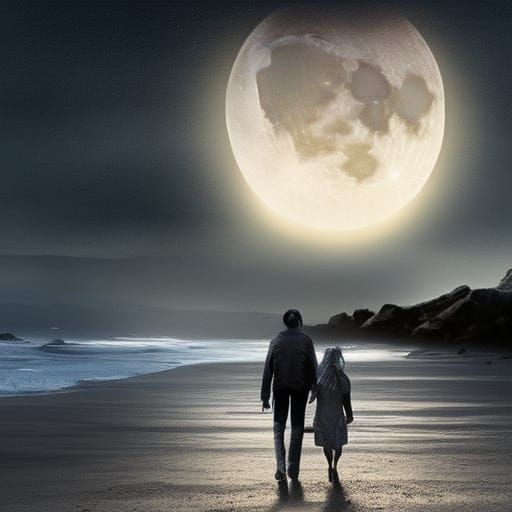 Dramatic Moonlit Beach Walk Digital Painting