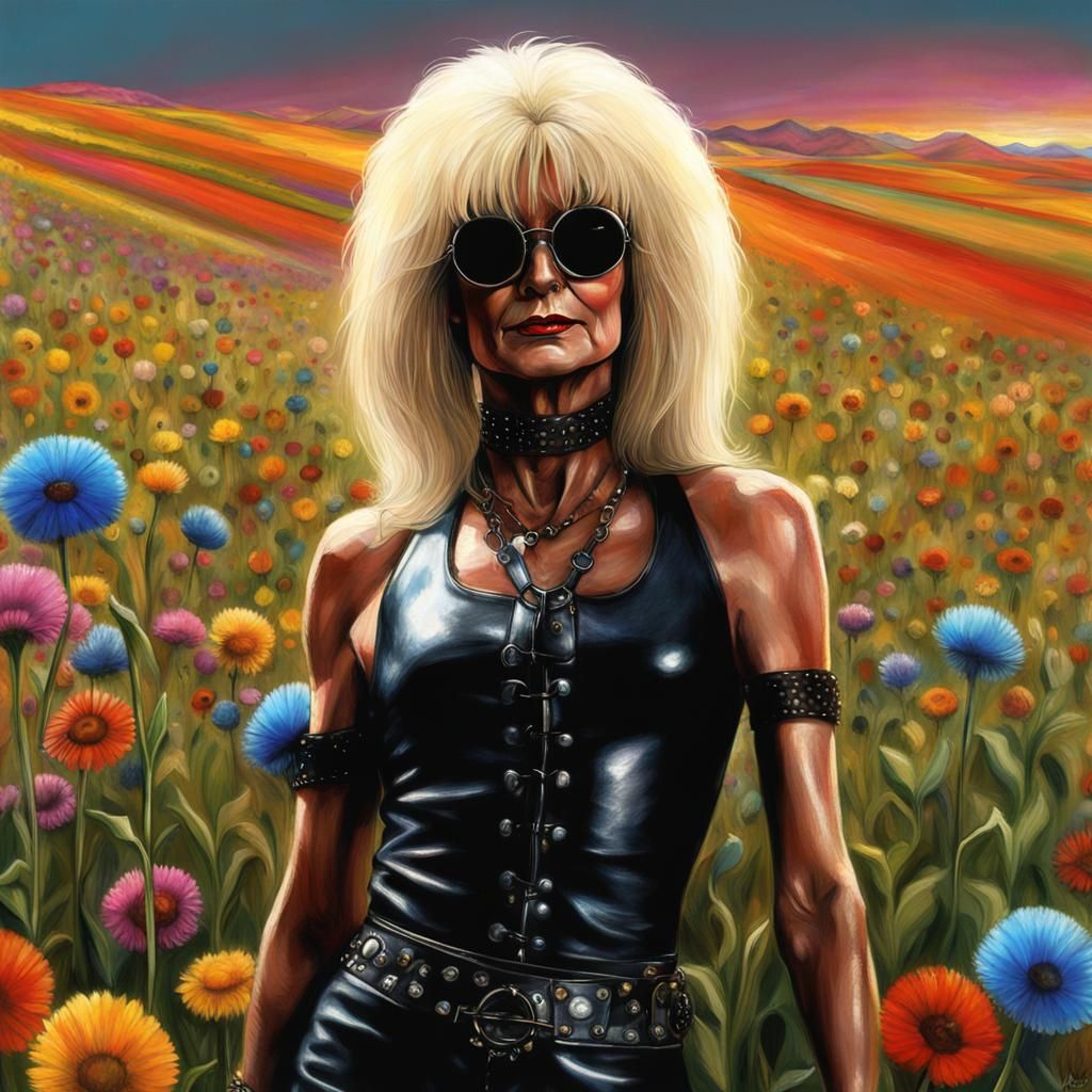 Female Pinhead as 1960s Hippie in Flower Field