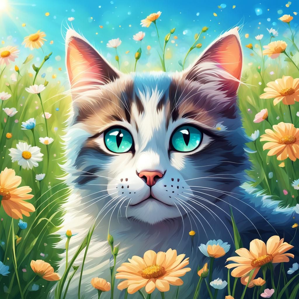 Pastel Cat Gazing in Flowery Meadow