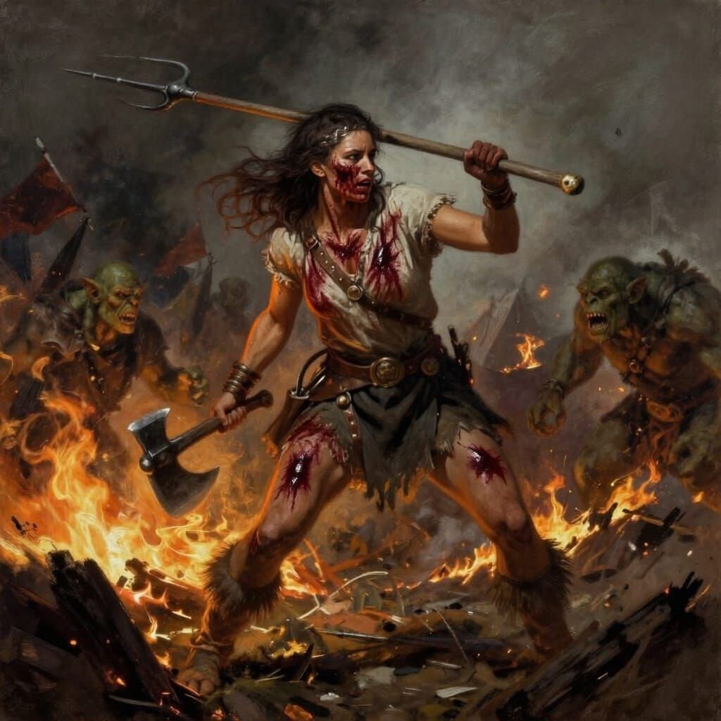 Peasant Woman Fights Orc Invader in Burning Village