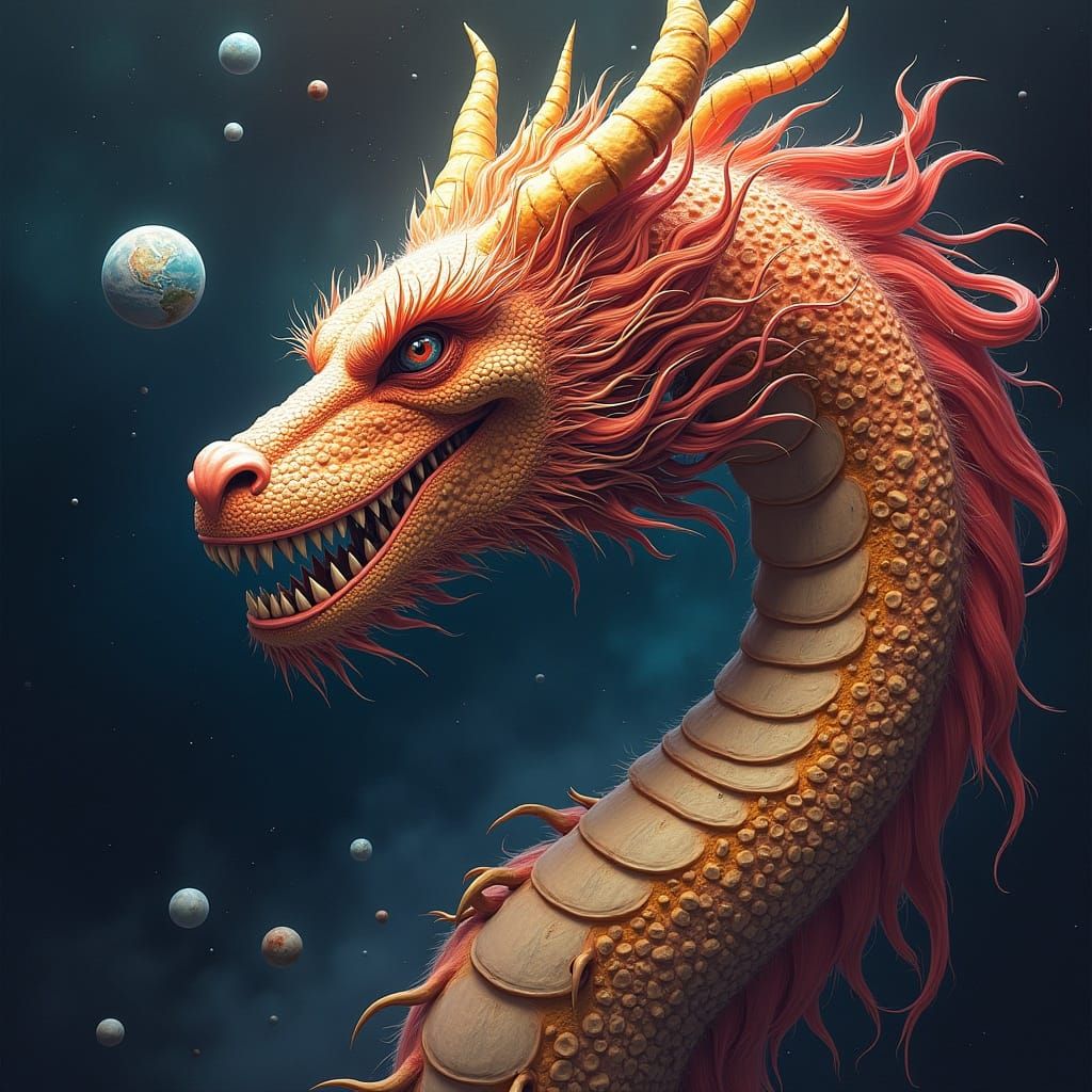 Elder Creation Dragon Portrait with Solar System Background