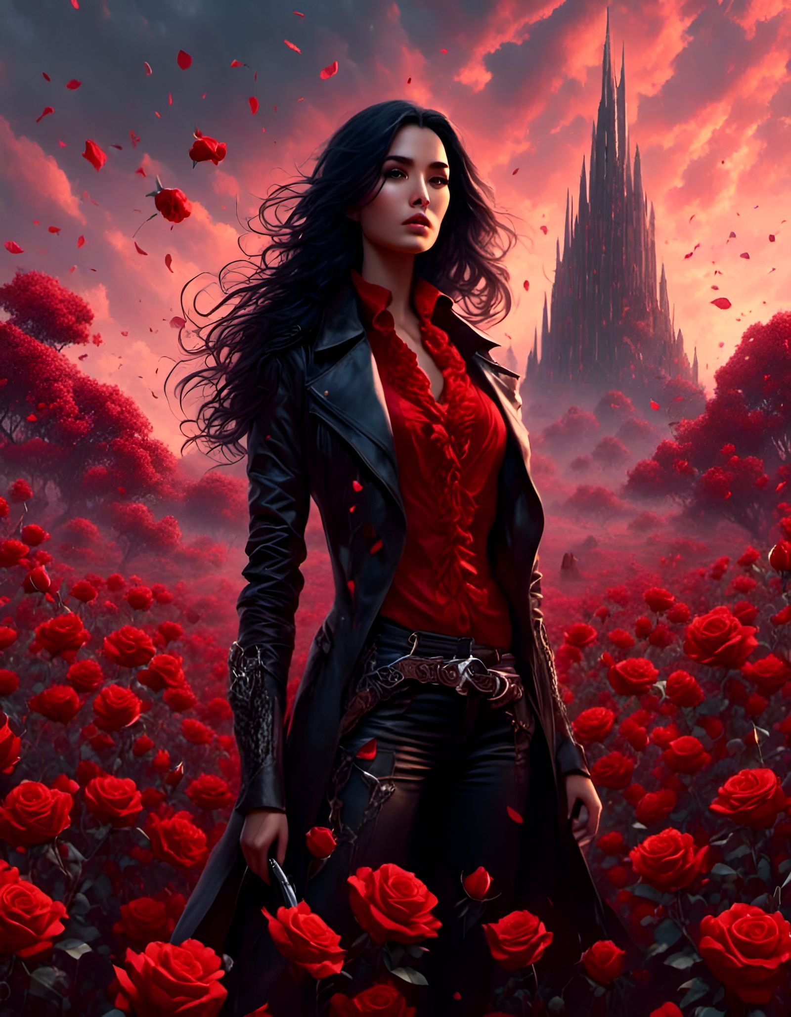 Lady Gunslinger in Rose Field with Dark Tower