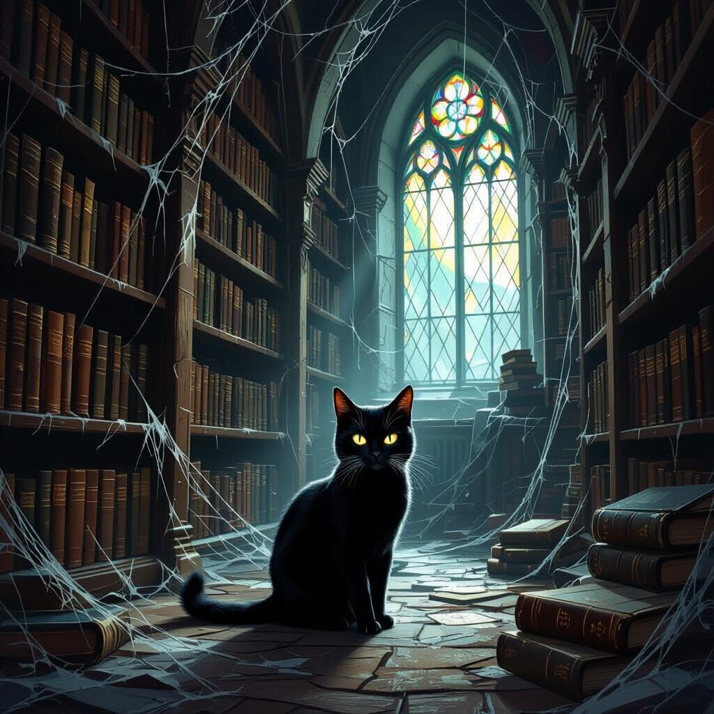 Black Cat in Gothic Labyrinth Library