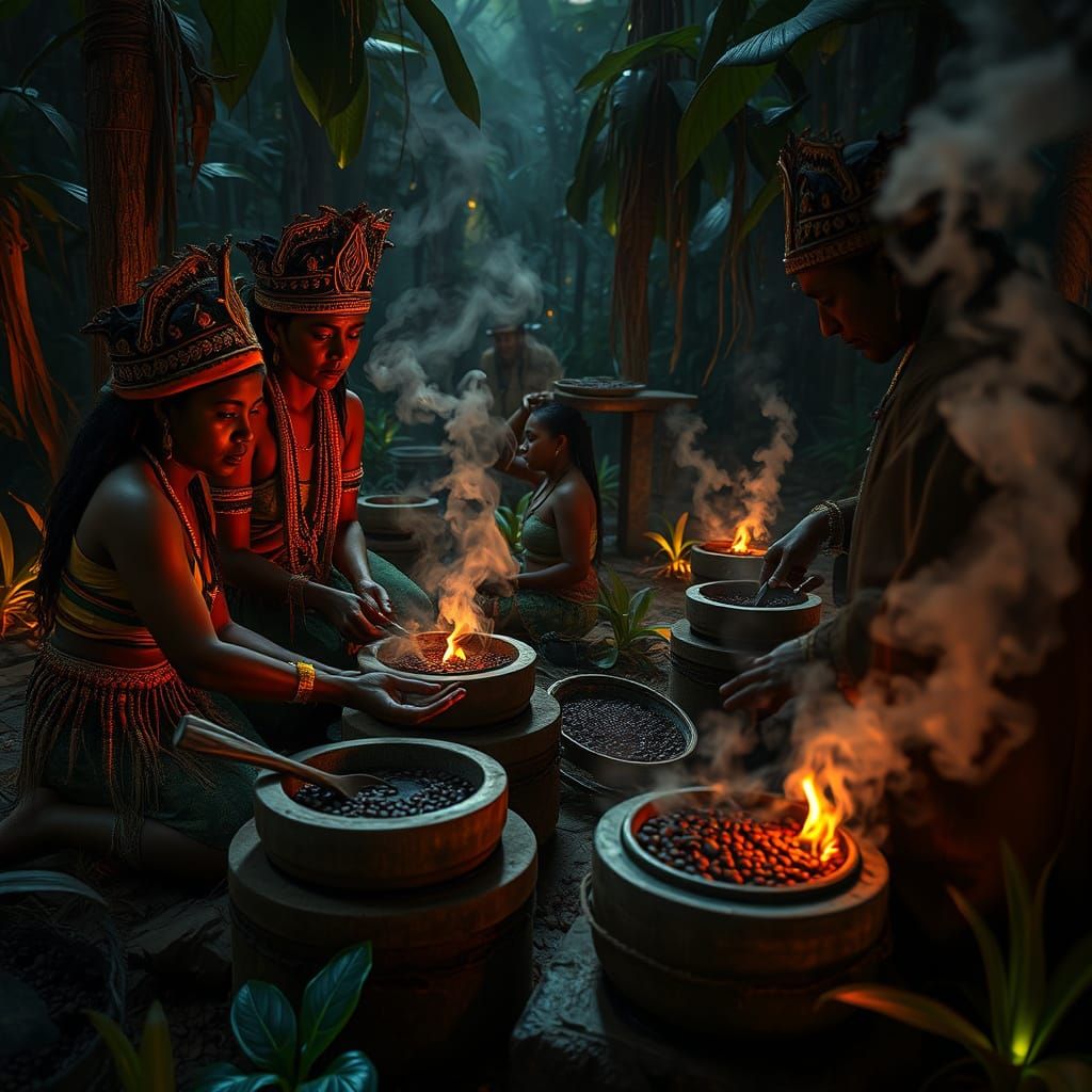 Mayan Villagers Preparing Sacred Cacao, Mystical Jungle Glow