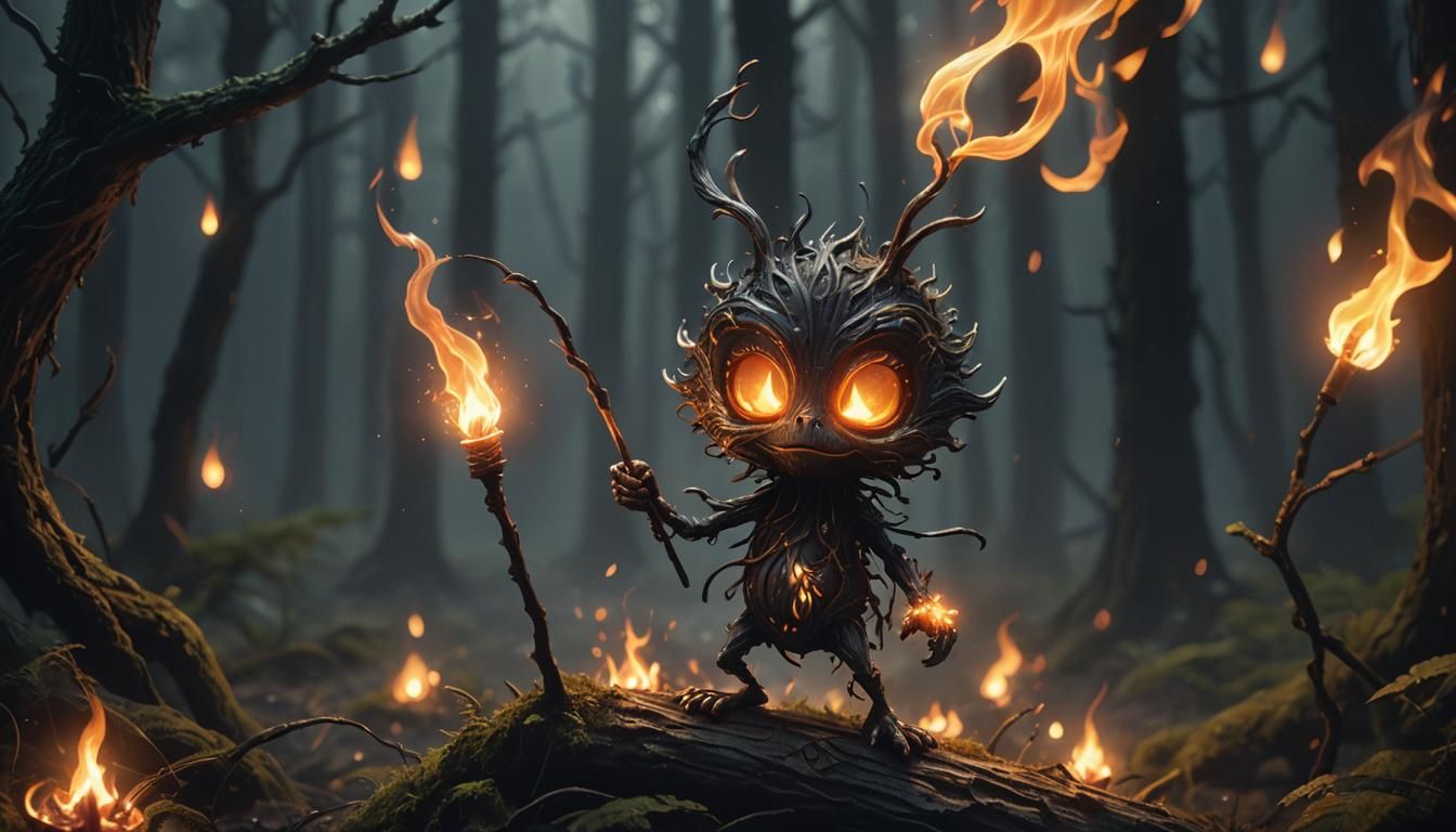Matchstick Creature Ignites Forest: Detailed Oil Painting