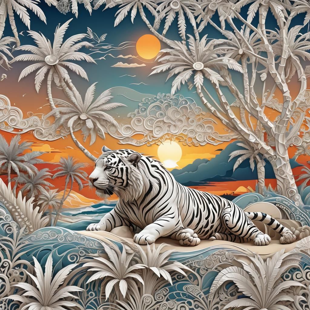 Palm Tree White Tiger Carvings at Sunset