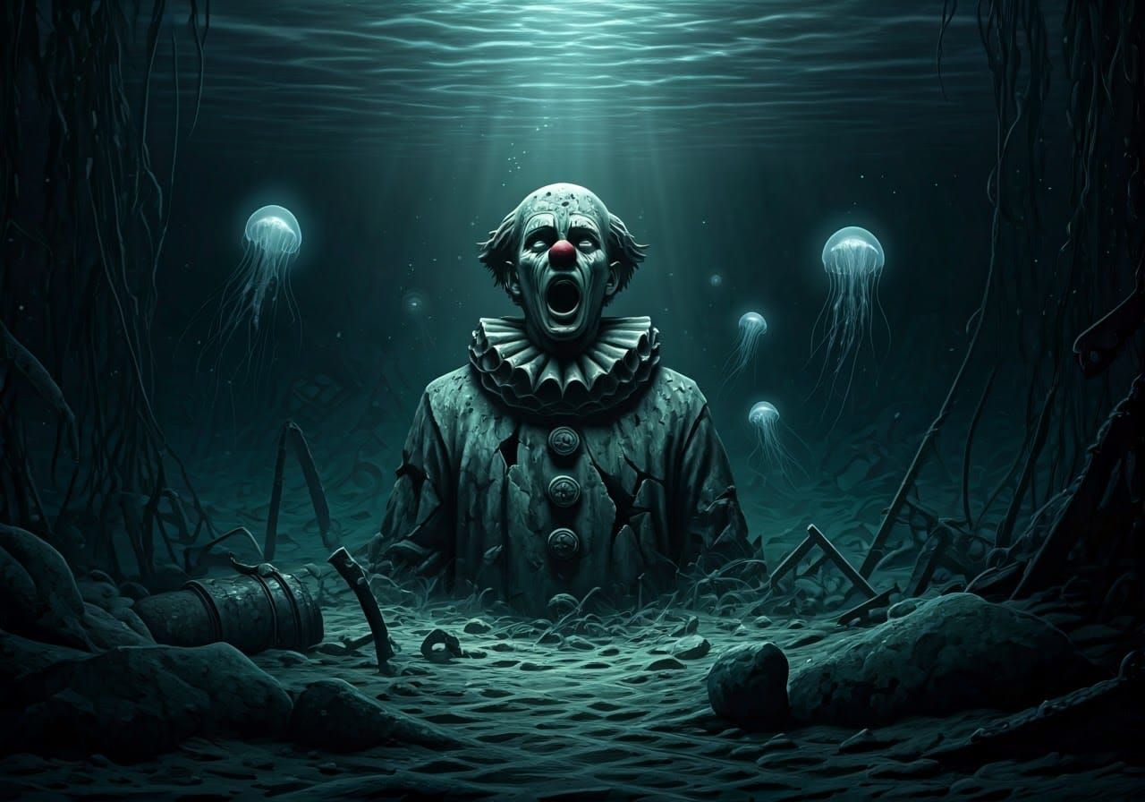 Macabre Clown Statue in Murky Water