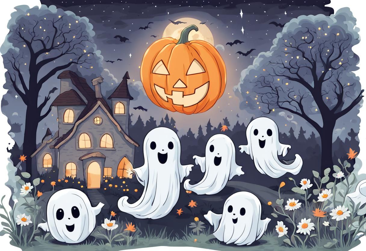 Cute Baby Ghosts in a Halloween Garden
