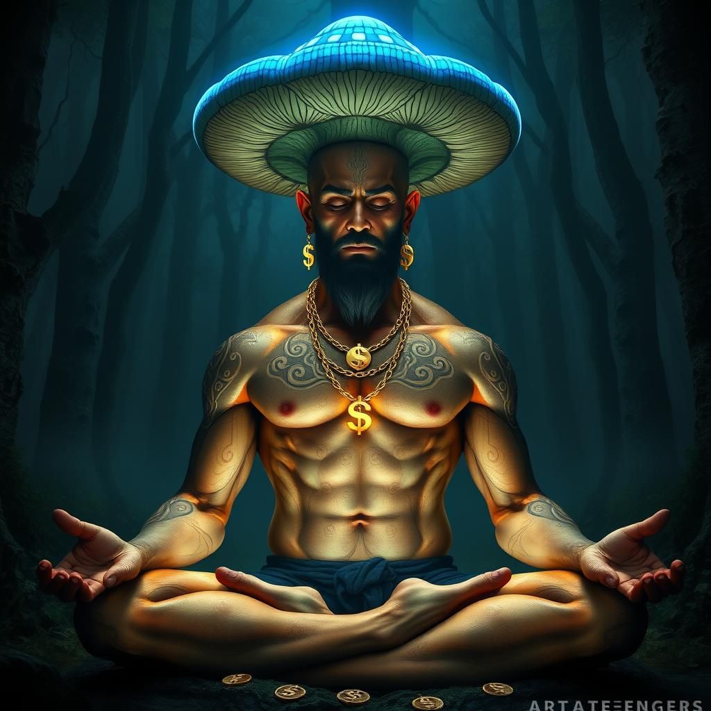 Colossal, muscular gothic yogi in lotus position,