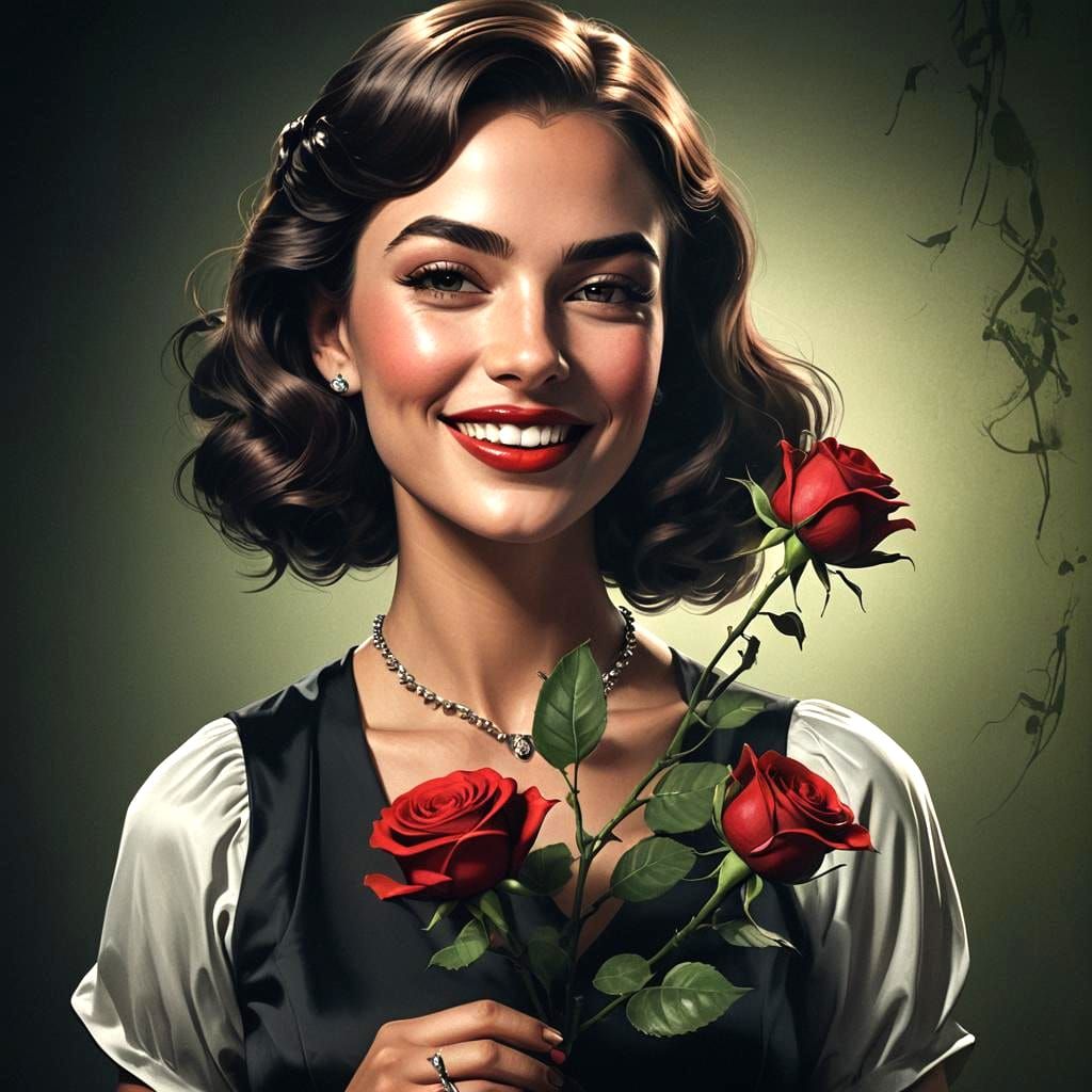 Stylish Girl with Red Rose, Black and White Graphics