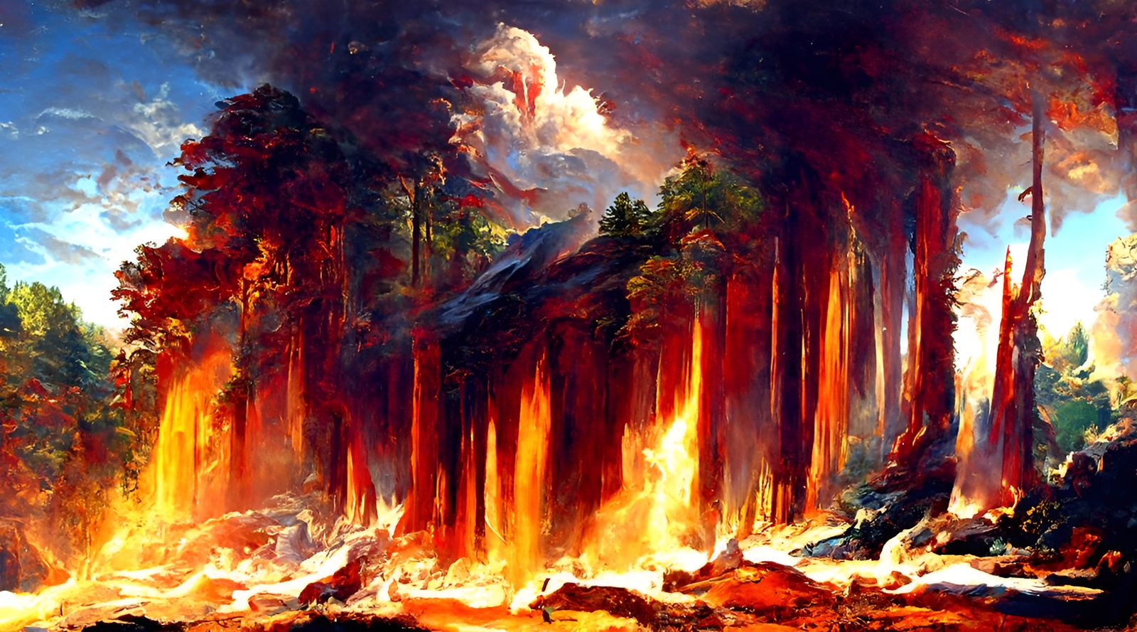 Expansive Forest Fire in Oil on Canvas Style