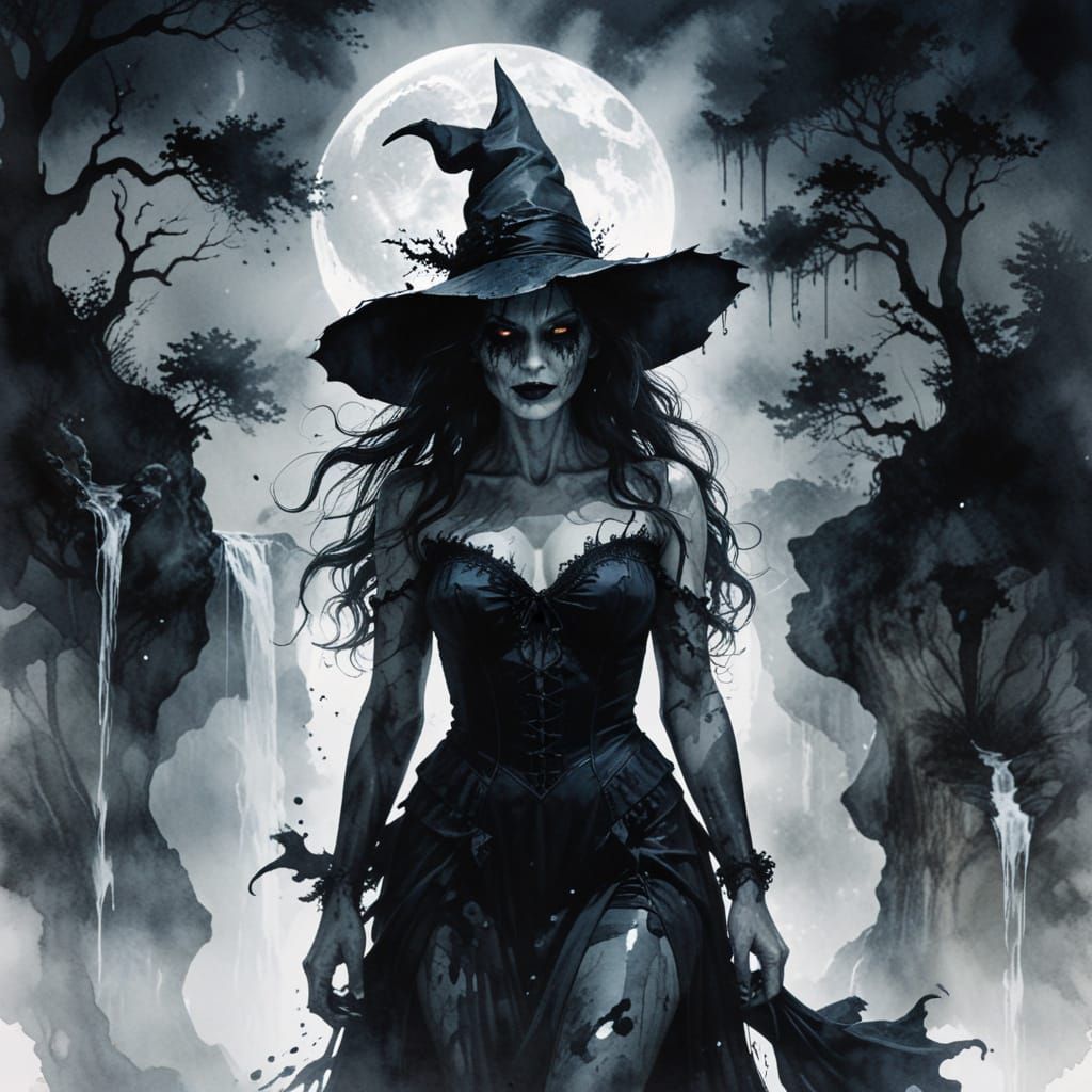 Mysterious Witch Silhouette Under Full Moon